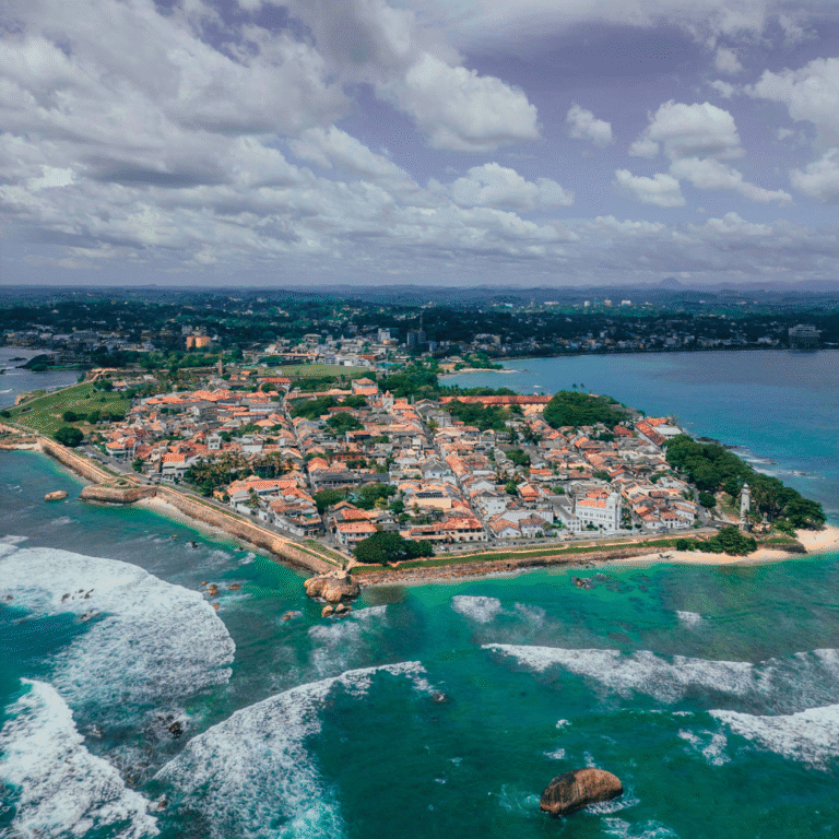 Aerial view of Galle Fort with colonial buildings and lighthouse