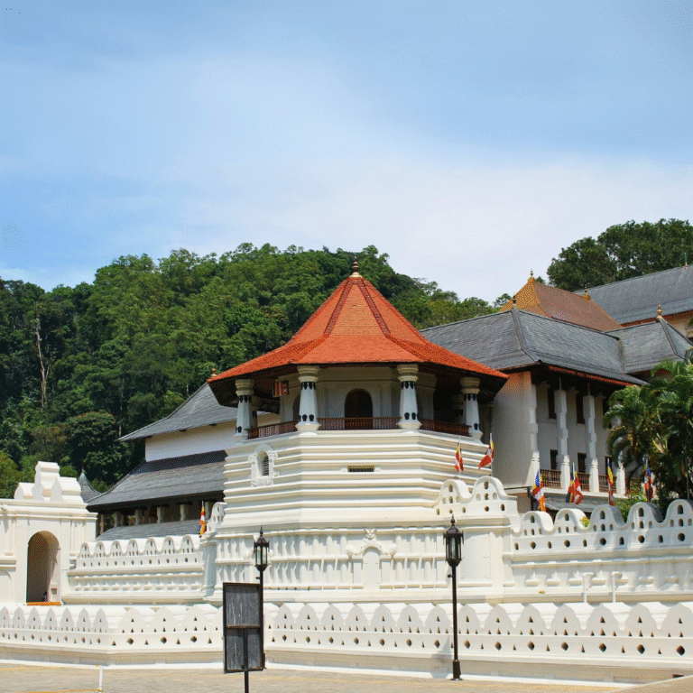 Front view of Sri Dalada Maligawa, a sacred Buddhist temple in Kandy