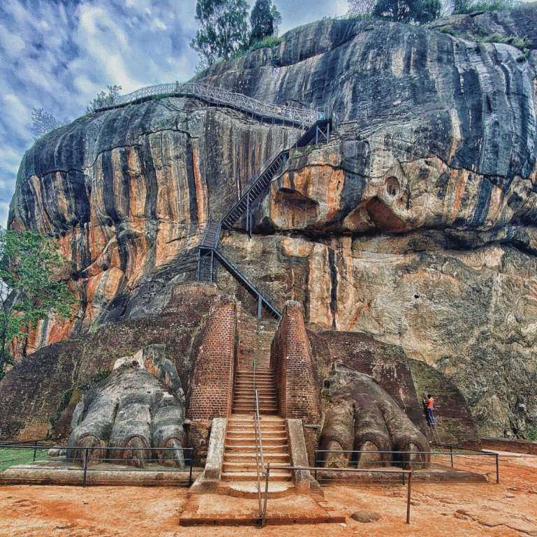 Sigiriya rock and its iconic lion’s paw entrance, a symbol of Sri Lanka’s history.