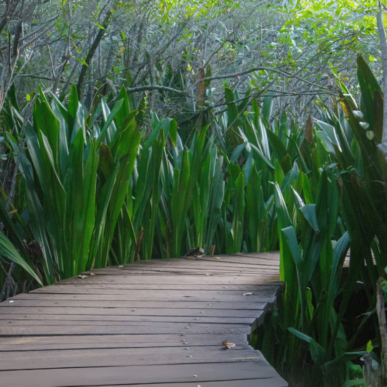 Scenic view of a wooden footpath in Beddagana Wetland Park near Colombo