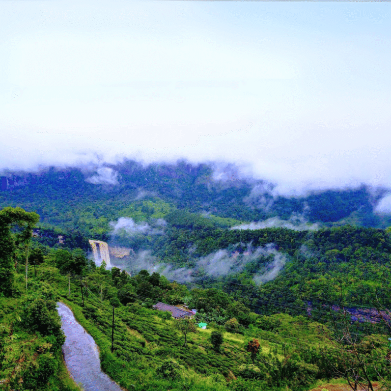 Laxapana Falls waterfall flowing through lush forest
