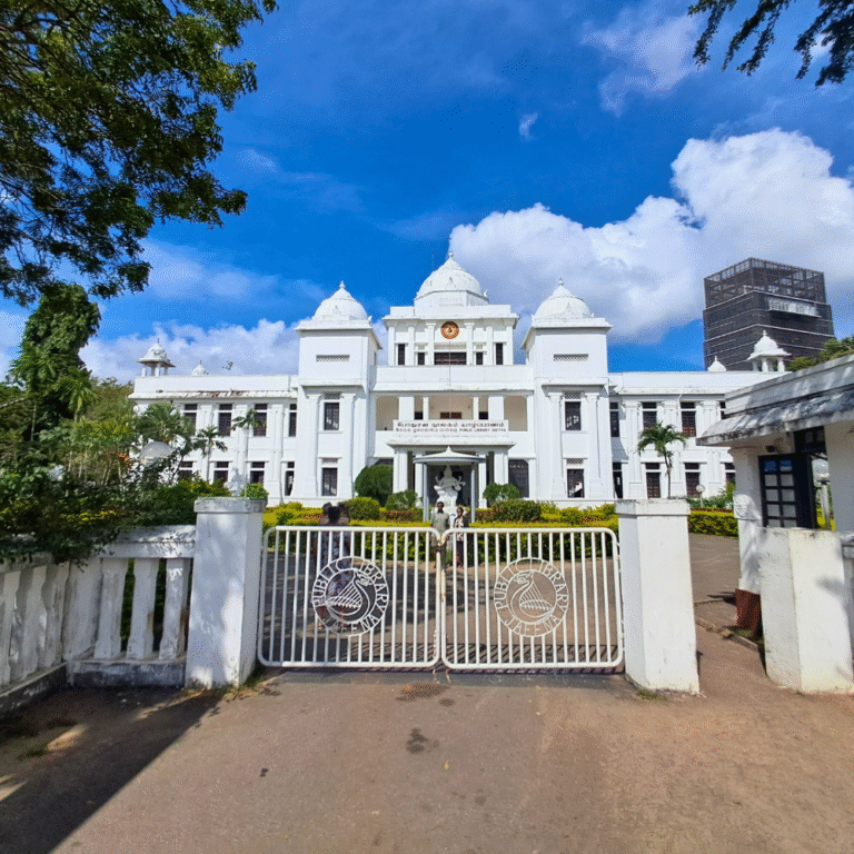 Front view of the famous white-domed library in Jaffna, Sri Lanka.