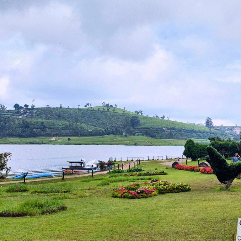 Lake Gregory park area with walking trails and benches