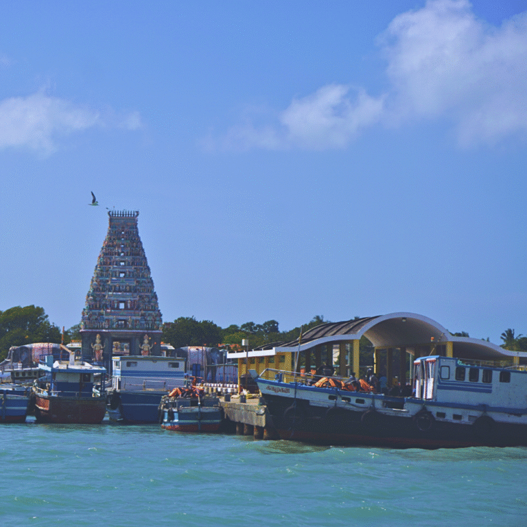 Colorful gopuram tower of Nagapooshani Amman Temple Nainativu