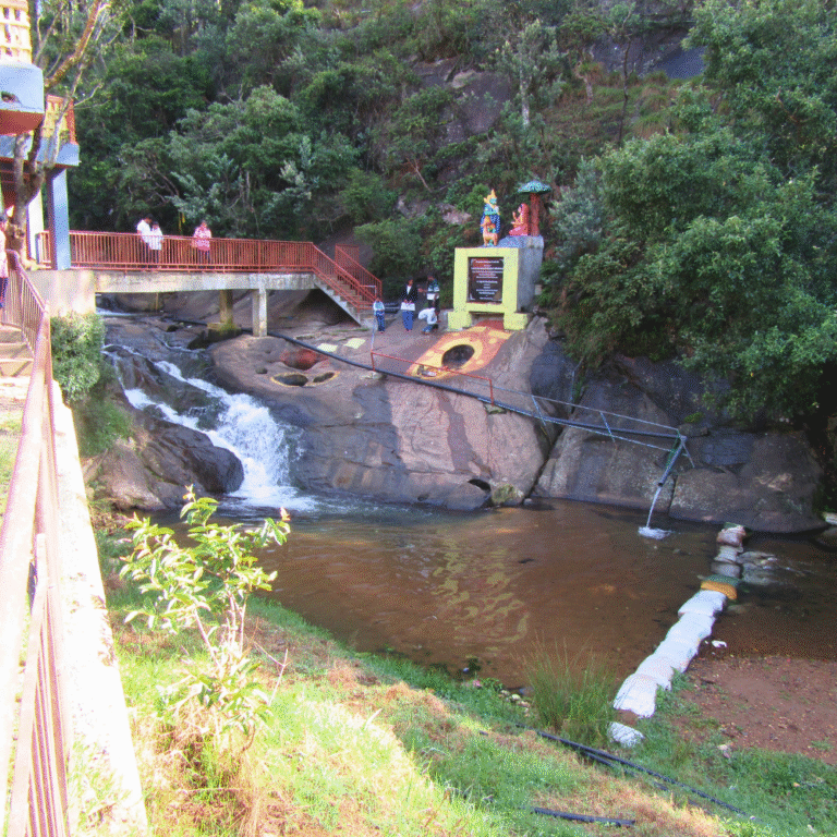 Scenic view of Seetha Amman Kovil by the stream near Ravana Ella