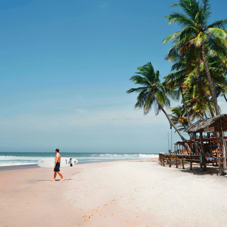 Arugam Bay beach with golden sands and turquoise waters in Sri Lanka