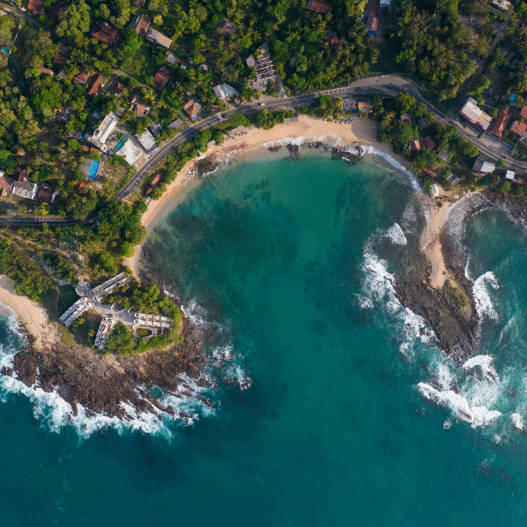 Scenic aerial view of Tangalle Beach and turquoise ocean
