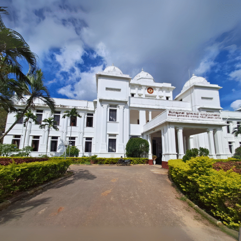 Majestic facade of the Jaffna Public Library reflecting Tamil heritage.