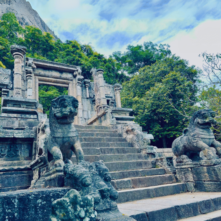 Close-up of intricate stone lion carvings at Yapahuwa