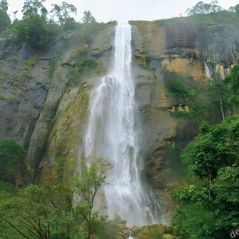 Diyaluma Falls cascading down rocky cliffs in Sri Lanka