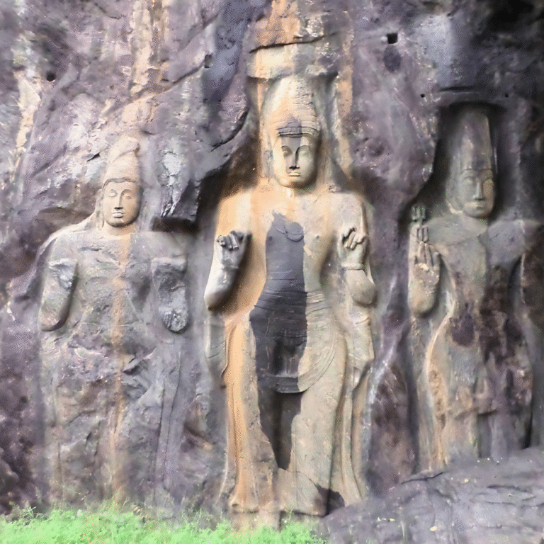 Front view of the towering Buddha sculpture at Buduruwagala