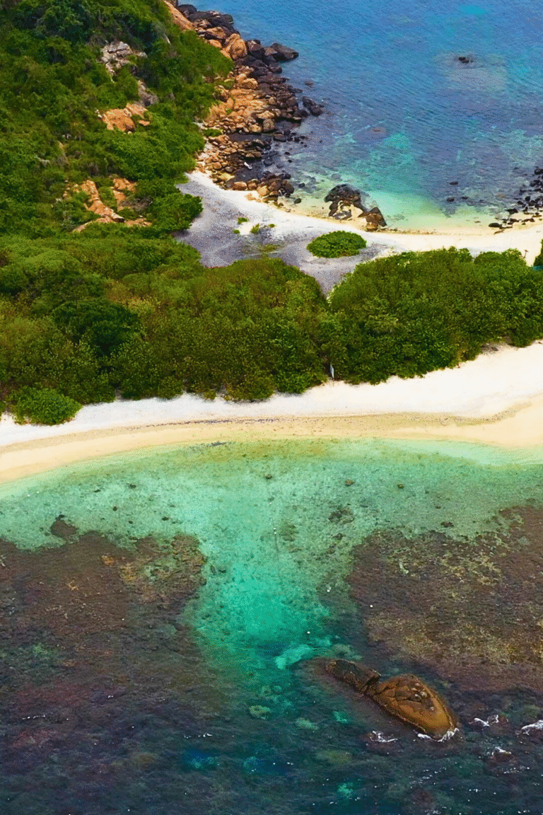 aerial view of Pigeon Island with turquoise waters