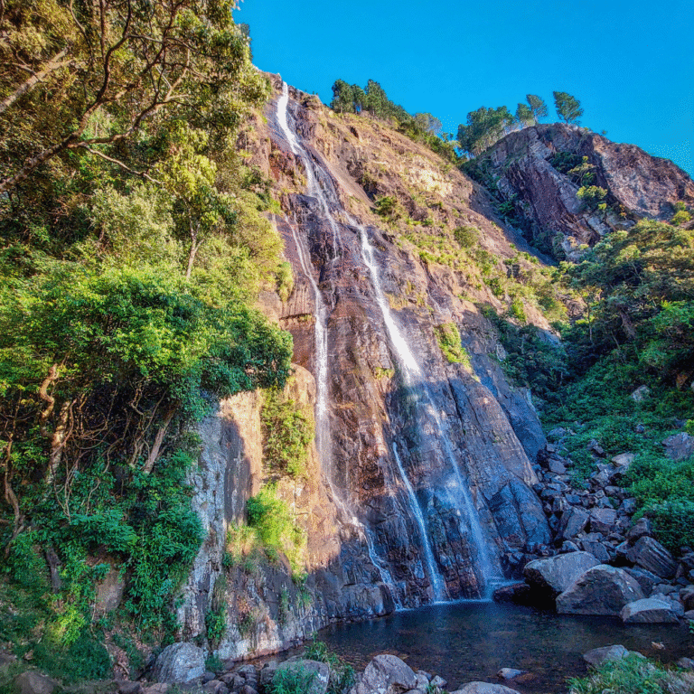 Clear blue sky above Bambarakanda Falls in Badulla District