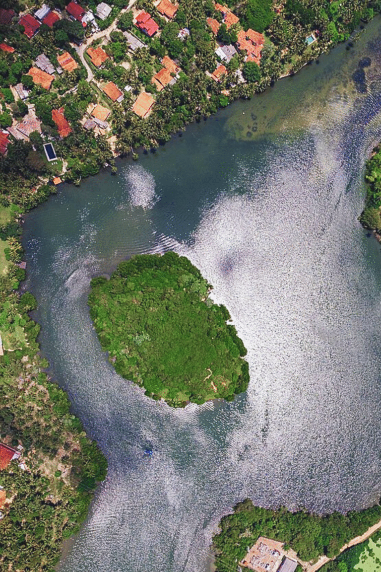 Aerial view of Madol Duwa island and lagoon waters