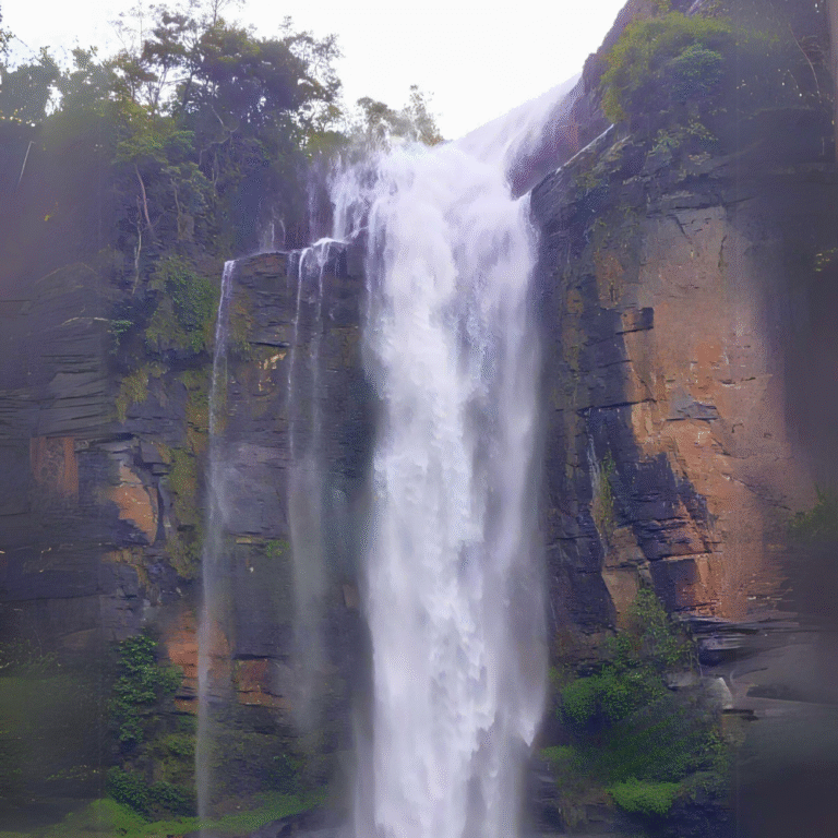 Ramboda Falls cascading down a rocky cliff in Sri Lanka