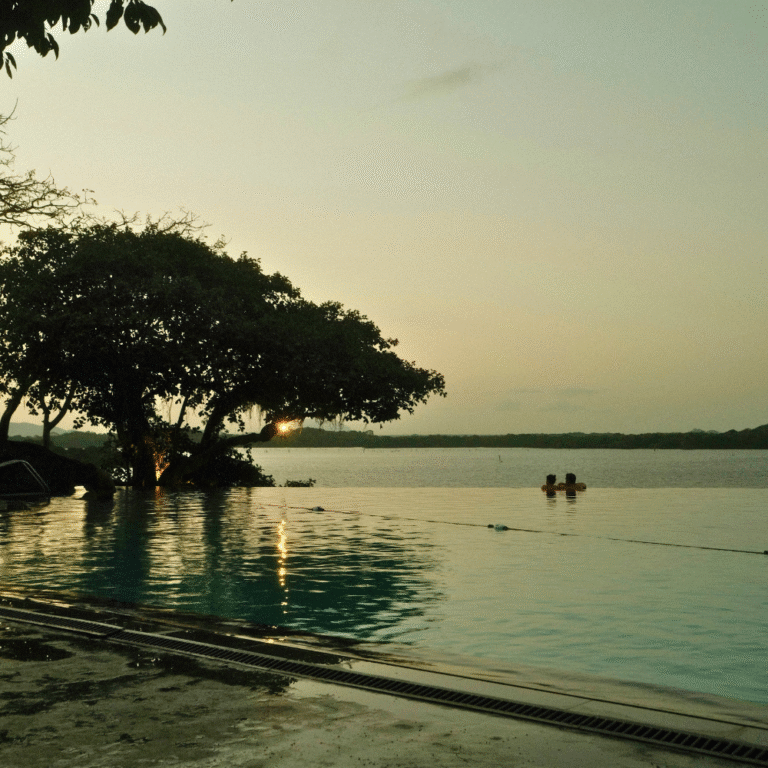 Calm waters of Kandalama Reservoir reflecting the sky