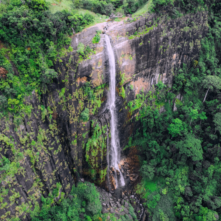 Aerial shot of Diyaluma Falls flowing through Badulla