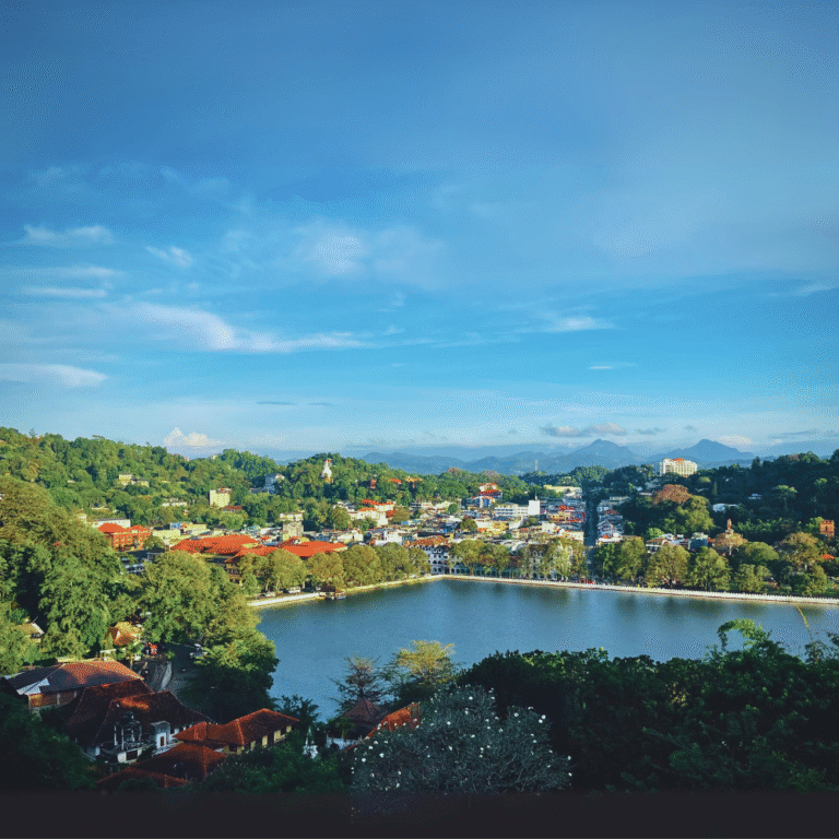 Panoramic landscape of Kandy hills and lake