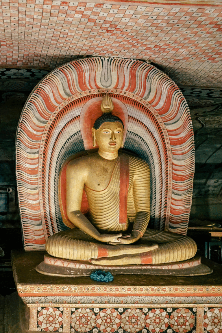 Buddha statues aligned inside Dambulla Cave Temple