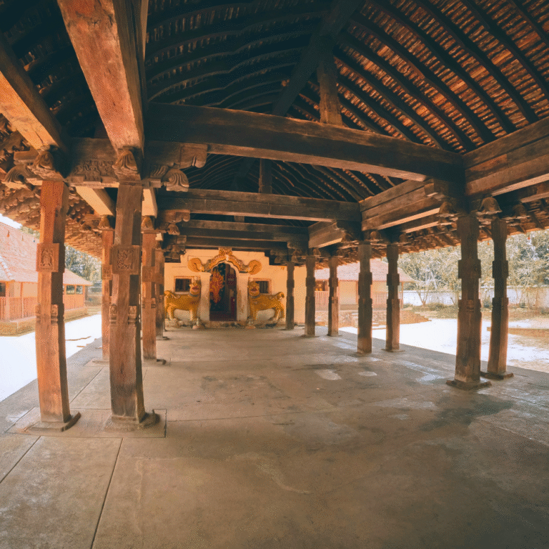 Side view of the Embekka shrine with Kandyan architecture