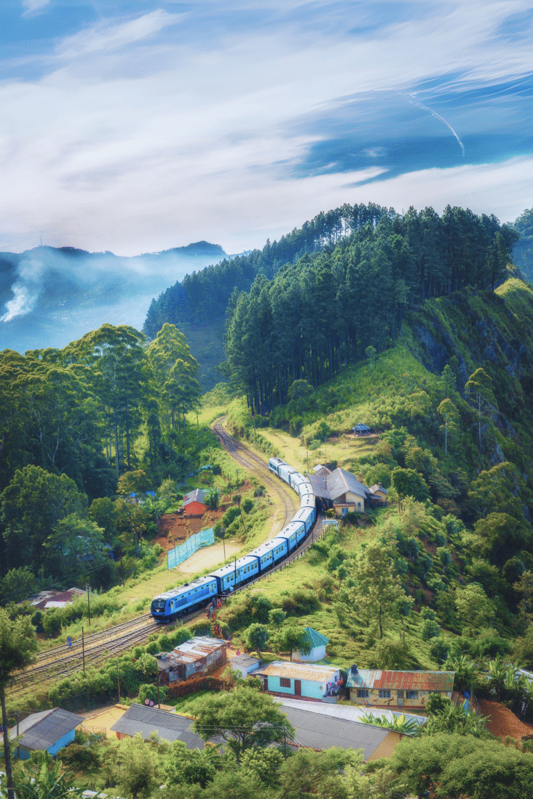Idalgasinna railway station surrounded by lush greenery in Sri Lanka