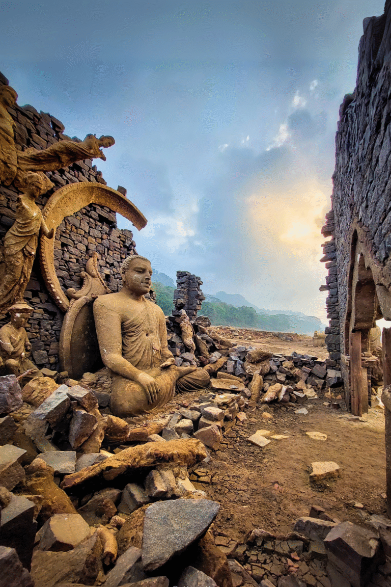 Abandoned temple structure emerging from reservoir