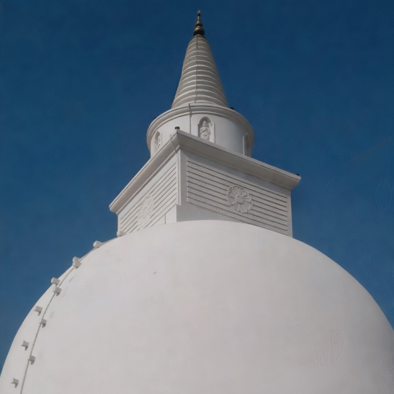 Beautiful pagoda surrounded by stone idols at Muhudu Maha Viharaya
