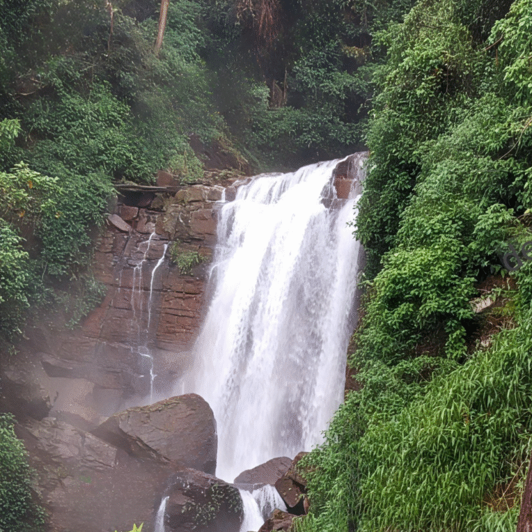 tranquil Devathura Ella waterfall with clear water stream