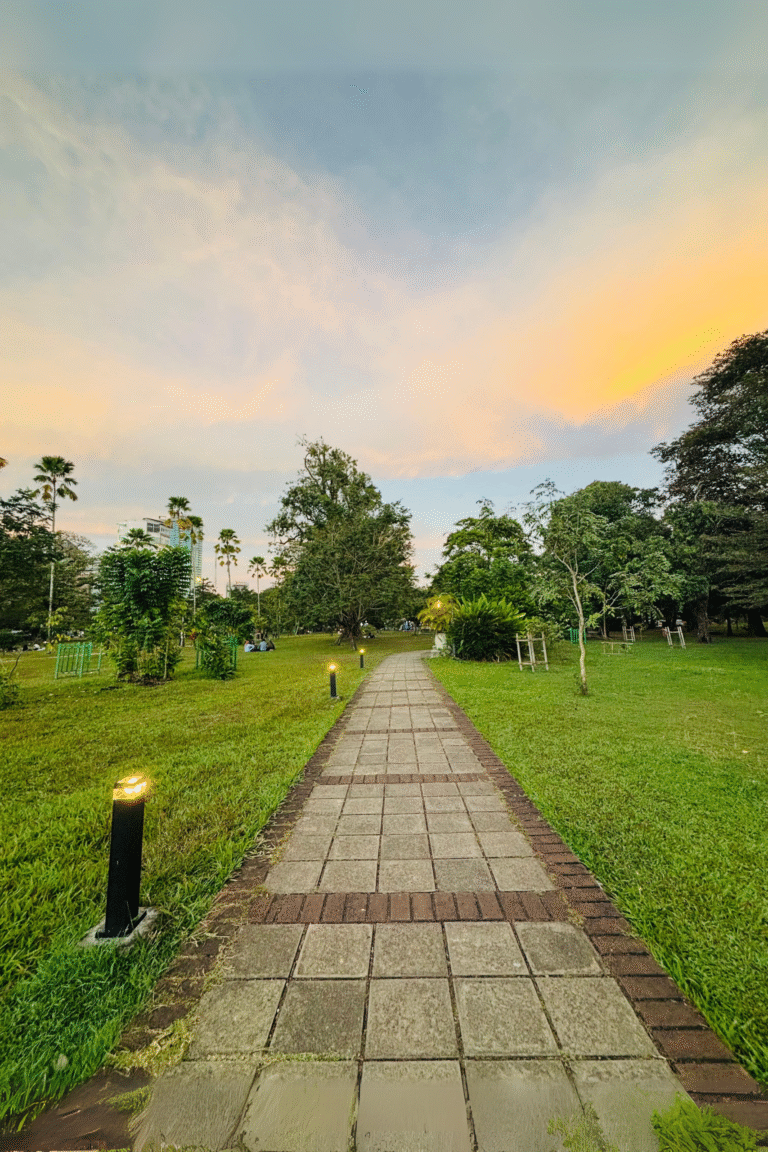 Beautiful walking paths surrounded by greenery at Viharamahadevi Park
