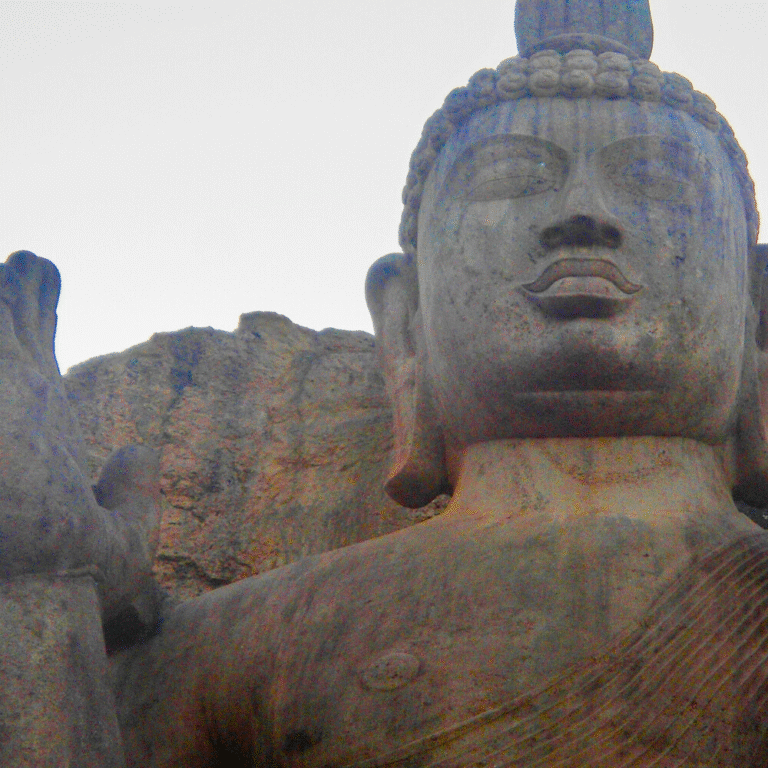 Close view of Avukana Buddha Statue hand posture and robe