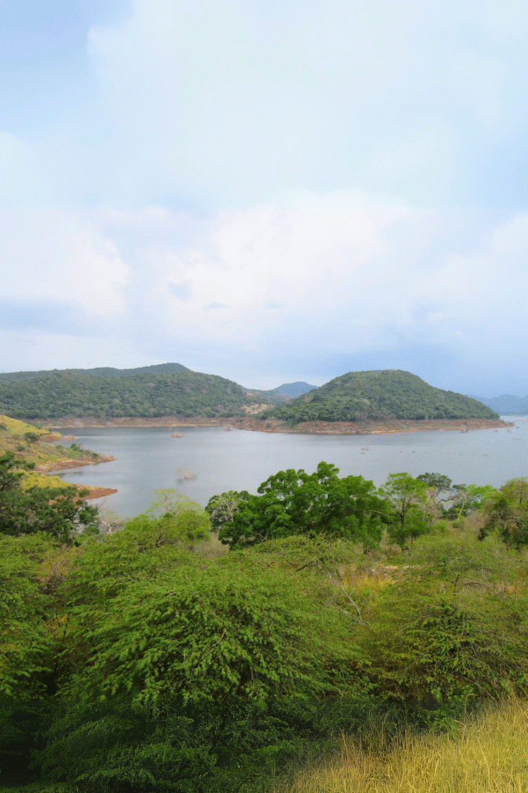 Moragahakanda Dam reservoir with mountain backdrop