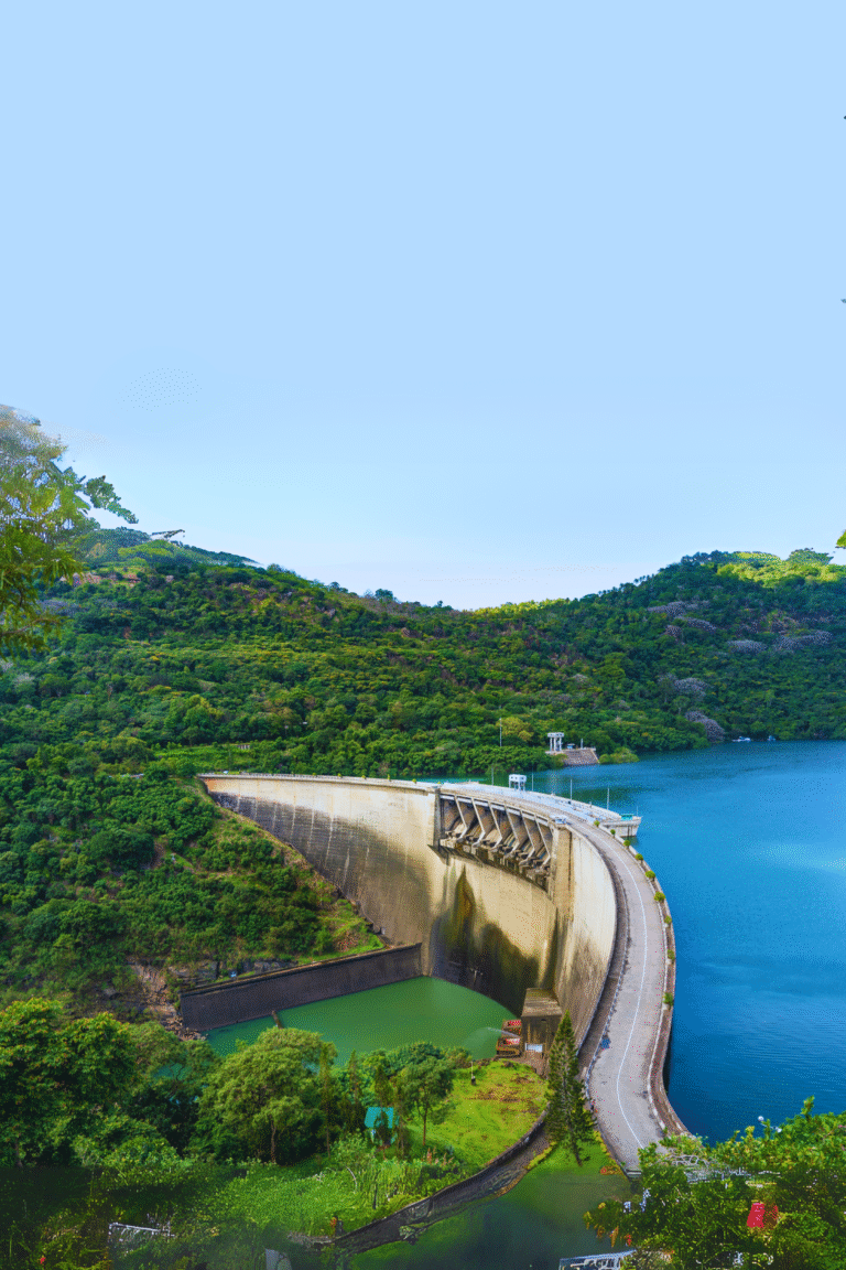 Victoria Dam surrounded by scenic hills in Sri Lanka