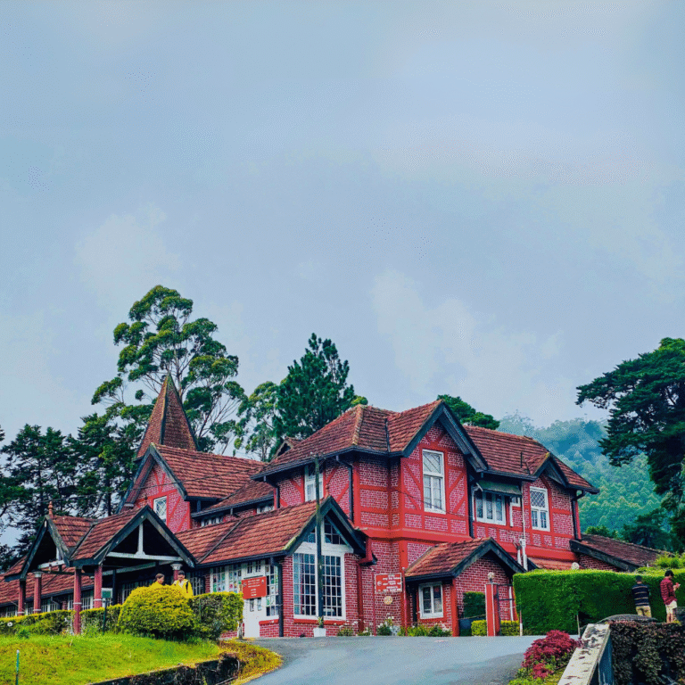 Red brick Nuwara Eliya Post Office surrounded by gardens