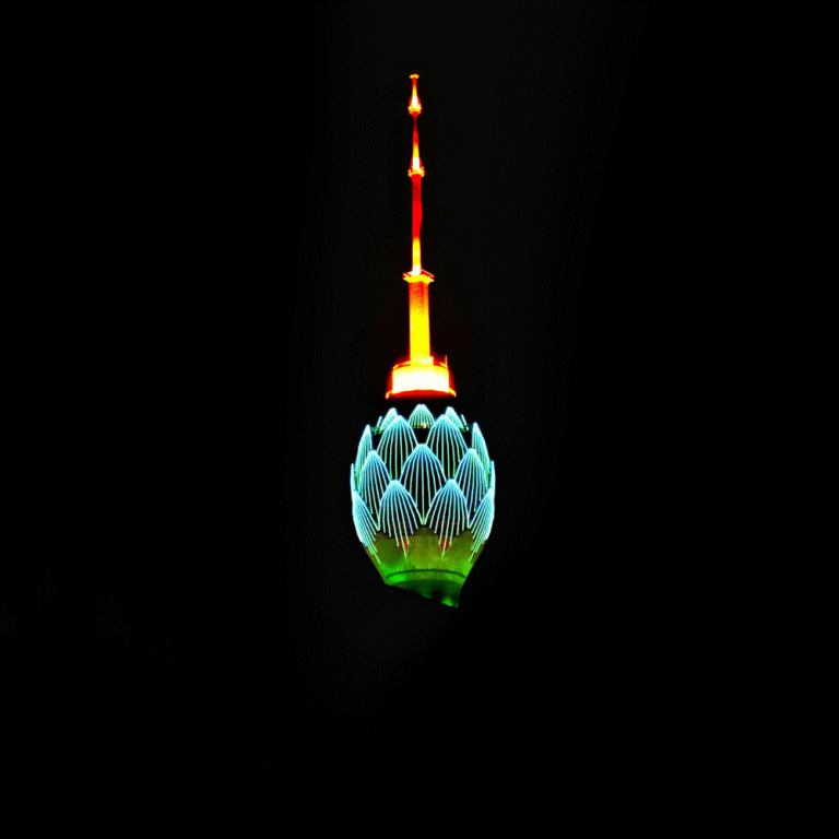 Night view of Lotus Tower with city lights in Colombo