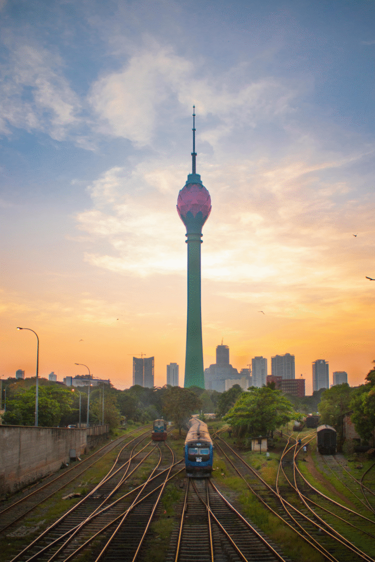 Sunset view of Lotus Tower reflecting on Beira Lake