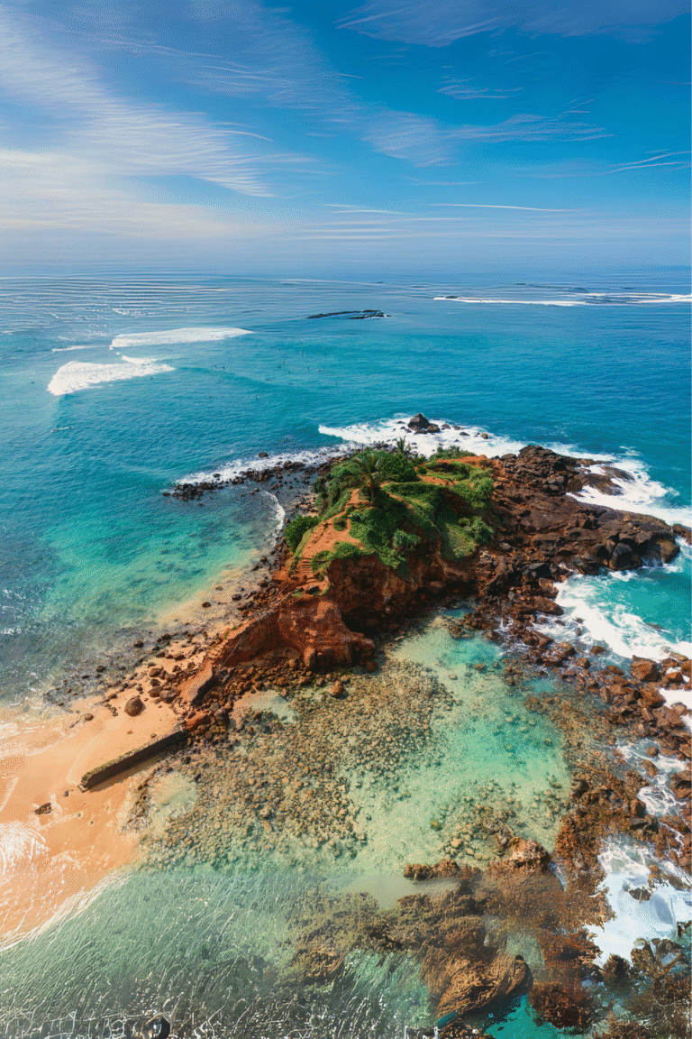 Aerial shot of Parrot Rock and surrounding ocean waves