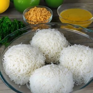 Sri Lankan breakfast string hoppers with coconut sambol