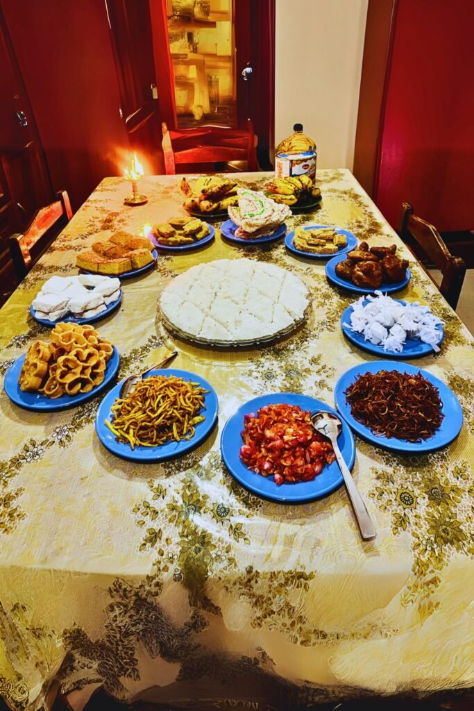 Avurudu table filled with sweets and traditional Sri Lankan food