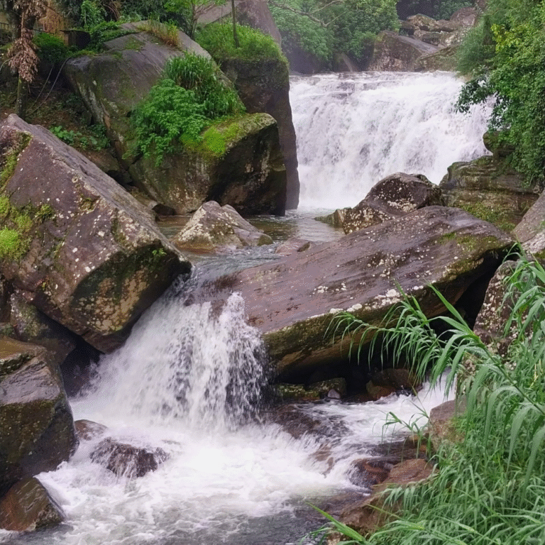 Ramboda Falls middle cascade surrounded by greenery