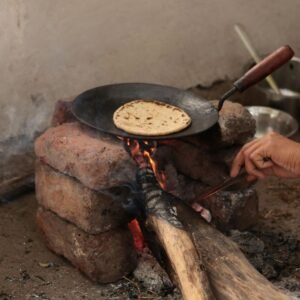Homemade pol roti served with coconut sambol