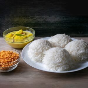 Freshly steamed Sri Lankan string hoppers for breakfast