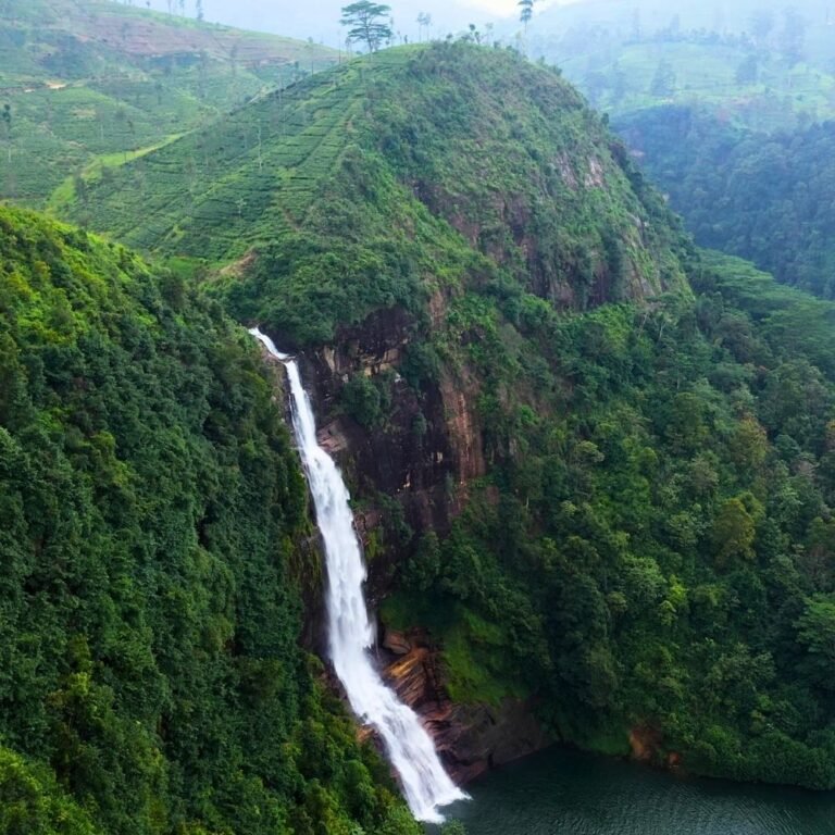 Aerial perspective of Gartmore Waterfall in Nuwara Eliya district