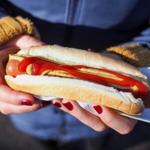 Sri Lankan style hot dog with spicy sauce