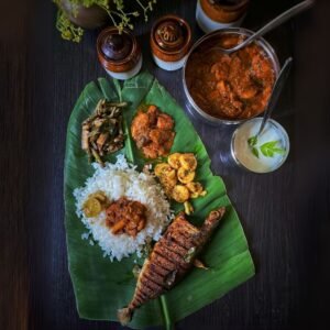 Sri Lankan rice and curry lumprice on banana leaf