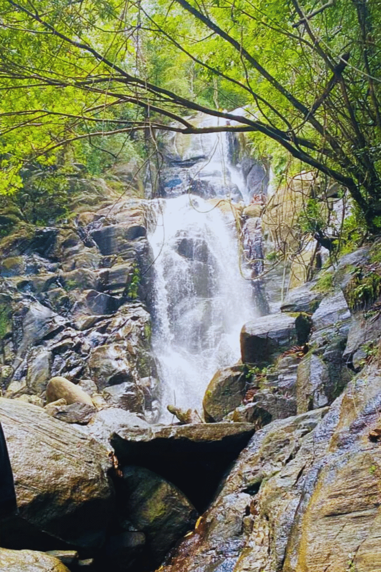 panoramic view of Neluwa Doovili Ella waterfall in Sri Lanka