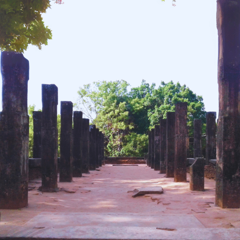 Front view of Nissanka Malla Rajasabha Mandapaya in Polonnaruwa