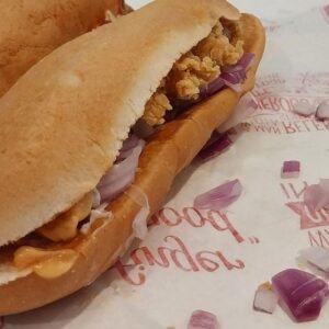 Local submarine sandwich with cheese and spicy sauce