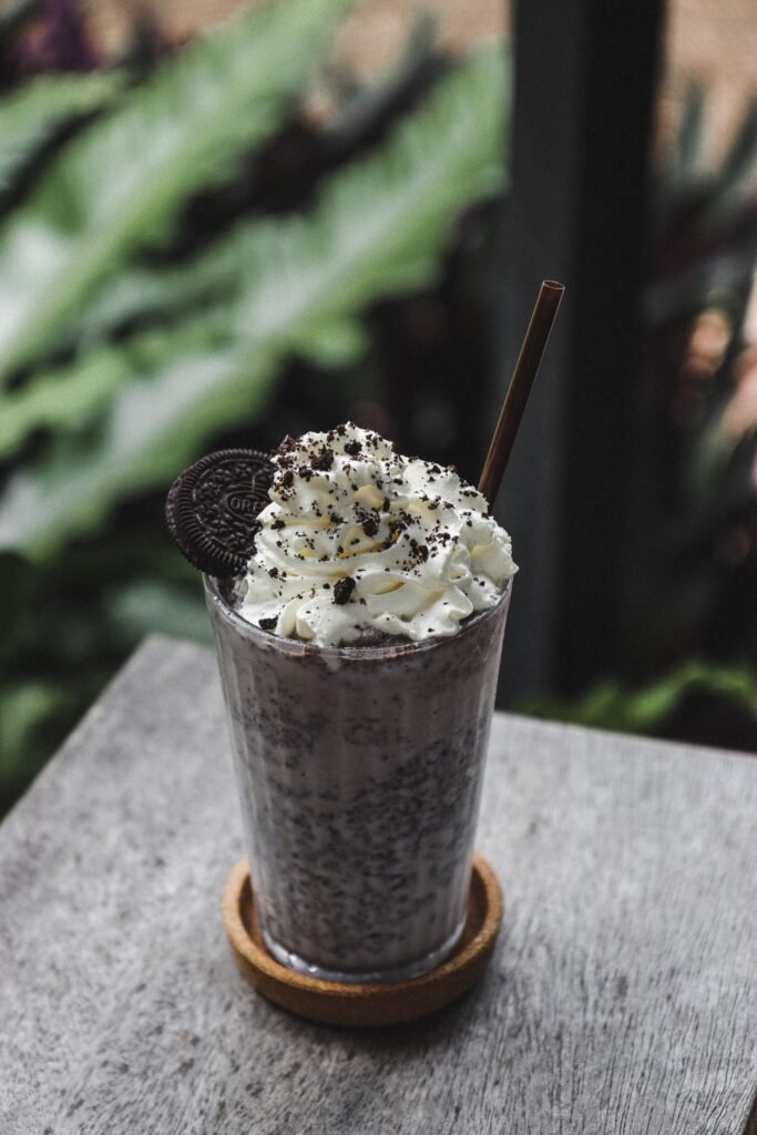 chocolate milkshake topped with whipped cream in Sri Lanka cafe