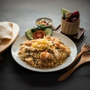 spicy Sri Lankan nasi goreng with vegetables and egg