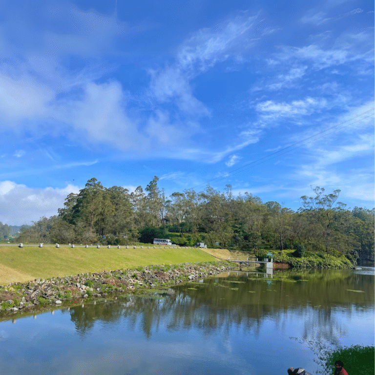 Clear blue waters of Ambewela Reservoir in Nuwara Eliya